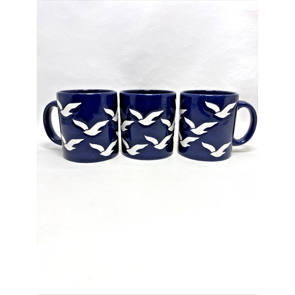 Vtg Set of 3 80s Waechtersbach Cobalt Blue Seagull Mug‎ Made In West Germany